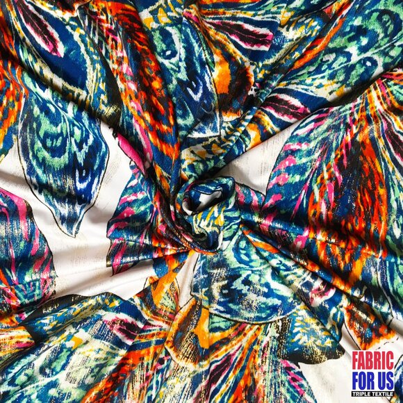 Peacock Feathers Red & Green With Micro Brush Tones Stretch Poly-Spandex Print F - Picture 4 of 4